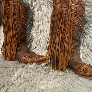 Fringed Tan Leather Women's Heeled Boots